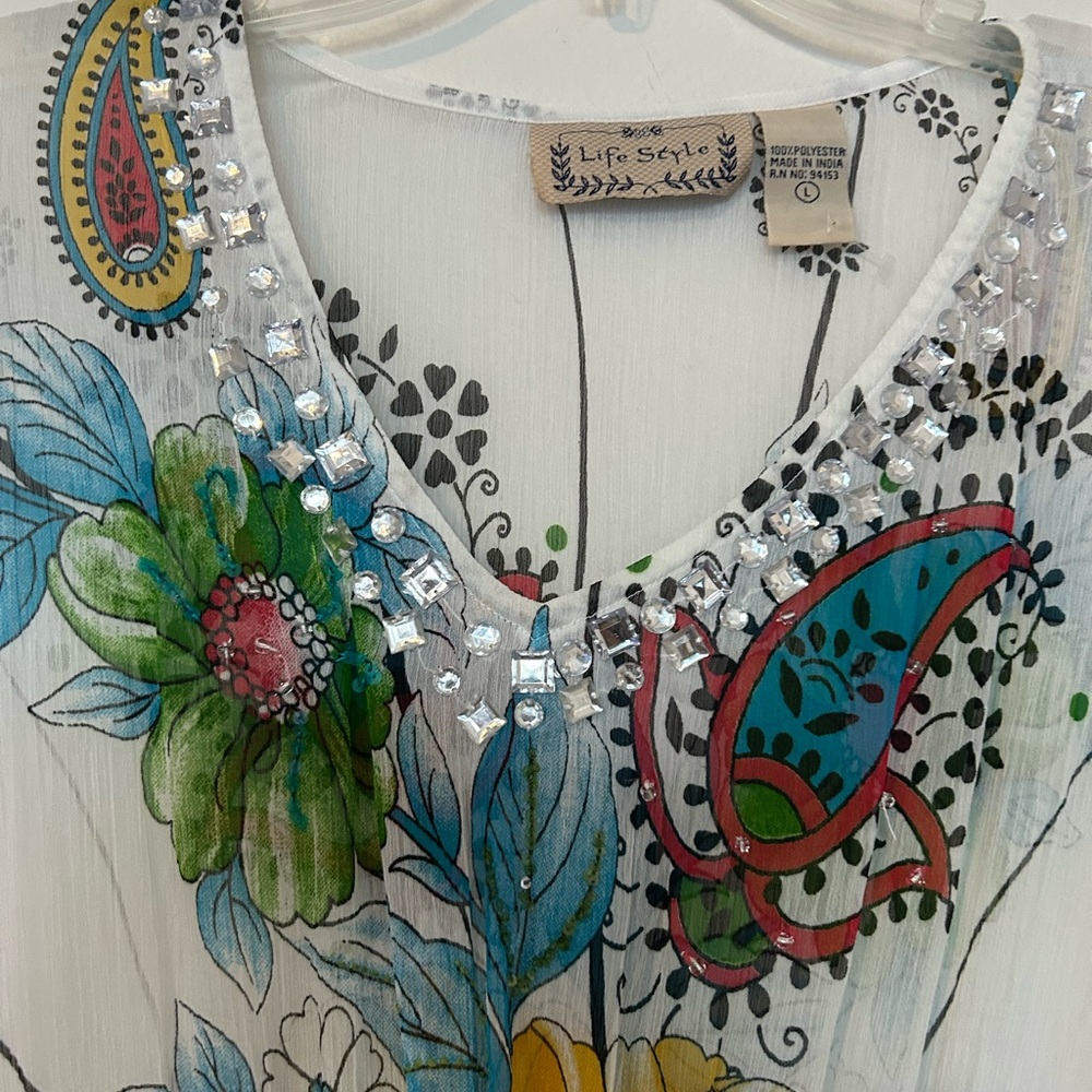 Floral Sheer Swim Coverup with Beaded Neckline - Picture 3 of 7